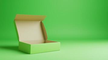 Open Green Box with Integrated Packaging Design on a Green Screen Background for Modern Product Display and Branding Concepts photo