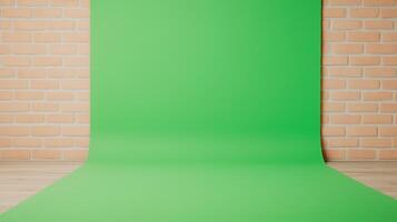 Green Screen Backdrop on Wooden Floor With Brick Wall Background for Product Photography and Shoot photo