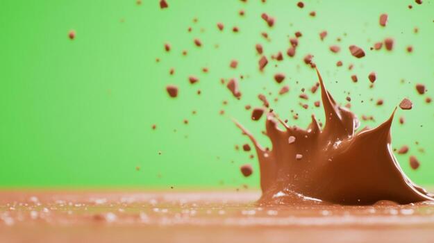 Chocolate Splash Against Green Screen Background with Flying Chocolate Pieces in Motion Capturing Vivid Contrast and Dynamic Movement for Creative Design Concepts and Eye Catching Visuals photo