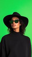 Fashion Influencer With Sunglasses And Hat Against Green Screen For Modern Livestream Content Production And Digital Media Branding In Studio Setting Emphasizing Style And Minimalist Chic photo