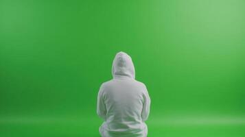 Person in White Hoodie Sitting in Front of Green Screen in Minimalist Studio Setting for Creative Visual Effects and Film Production photo