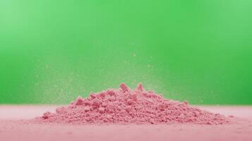 Pink Powder Pile on Vibrant Green Background for Creative Design and Advertisement Concepts with Copy Space for Modern Visual Appeal in Advertising and Graphics photo
