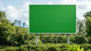 Large Green Screen Panel on Outdoor Billboard in Urban Park Setting with Skyscrapers in Background under Partly Cloudy Sky photo