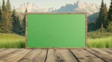 Green Screen Panel Embedded in a Rustic Cabin Wall with Mountain View in Nature Landscape photo