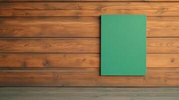 Green Screen Panel Set in Rustic Wooden Cabin Wall Offering Blank Space for Customization in Natural Wooden Environment photo