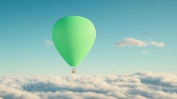 Green Screen Panel in Weather Balloon Gondola Above Clouds Floating Over City with Blue Sky and Clouds Scenic Background photo