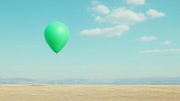 Green Balloon Floating in Clear Blue Sky Above Peaceful Meadow with White Clouds and Distant Mountain View, Capturing Tranquility and Beauty at High Altitude in a Serene Natural Landscape photo