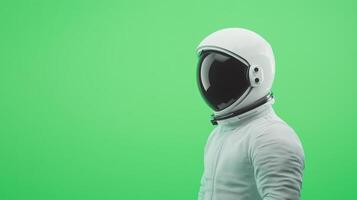 Futuristic Astronaut in White Suit with Green Screen Visor Against Vibrant Background for Space Exploration and Technology Concepts photo