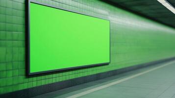 Green Screen Billboard Inside Subway Station for Advertisement and Digital Content Display with Blank Space and Urban Setting for Creative Design photo