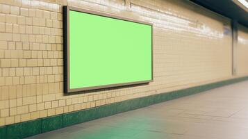 Green Screen Billboard Mockup in Subway Station for Urban Advertisement with Blank Space for Marketing and Design photo