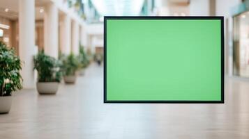 Green Screen Display in Shopping Mall Corridor with Blurred Background for Custom Content and Modern Advertising Design photo