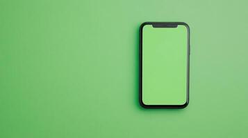 Smartphone With Green Screen Isolated on Green Background for Mockup Design and Advertising Concepts in Mobile Technology and Digital Marketing photo
