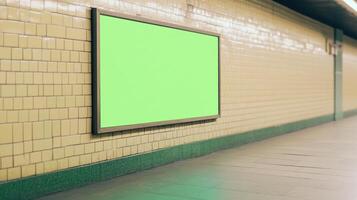 Green Screen Billboard Inside Subway Station for Advertisement Mockup with Blank Space for Creative Commercial Display in Urban Transit Environment photo