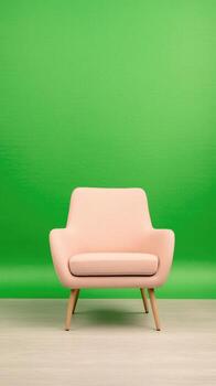 Modern Interview Setup With Beige Armchair Against Vibrant Green Screen Background for Professional Recording and Editing in Studio Photography photo