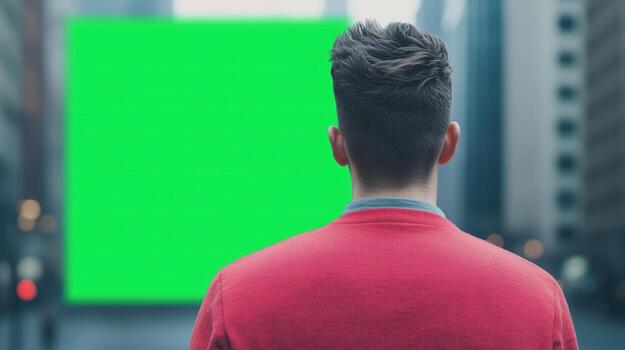 Man in Red Watching Large Green Screen on Skyscraper Rooftop in Urban Cityscape Modern Exploration Concepts and Technology Visuals photo