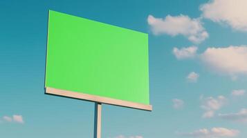 Green Screen on Skyscraper Rooftop Against Blue Sky with White Clouds for Digital Graphics and Advertising Content Creation photo