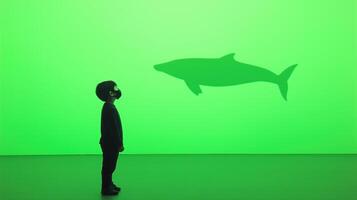 Whale Shadow on Green Background with Child in Side Profile Wearing Black and Masked for Whale Watching Experience and Environmental Awareness Conceptual Stock Photo for Marketing and Design