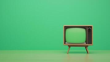 Vintage Television with Green Screen on Wooden Stand in Minimalist Setting Perfect for Creative Projects and Editing photo