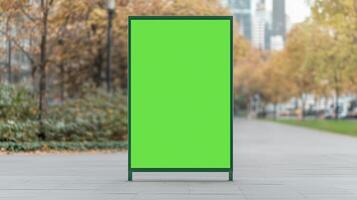 Green Screen Billboard in Urban Park Setting with City Skyline for Advertising and Creative Design Mockup on a Cloudy Autumn Day in a Serene Natural Environment with Vibrant Foliage. photo