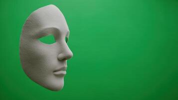 Minimalist White Face Mask against Green Screen Backdrop in a Close Up Introspective Studio Setting with Focus on Texture and Detail photo