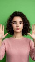 Young Woman Making Protest Gesture with Raised Hands Against Green Background in Studio Portrait Emphasizing Feminism and Social Activism photo