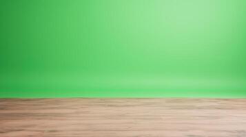 Green Screen News Studio Backdrop with Wooden Floor for Professional Broadcasting and Media Production photo