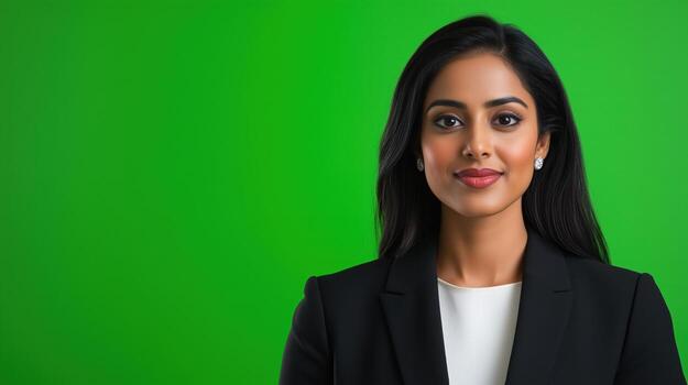 Indian Woman in Elegant Suit in Professional Interview Setting on Green Background for Corporate and Creative Use in Stock Photography photo