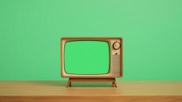 Retro Box Television with Green Screen on Wooden Table for Vintage Mockup and Nostalgia in Media Design and Advertising photo