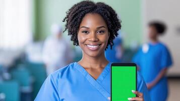 Nurse Holding Smartphone with Green Screen in Hospital Environment Focusing on Technology in Healthcare photo
