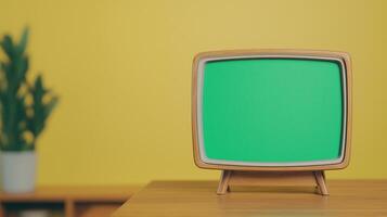 Vintage Television with Green Screen on Wooden Table with Yellow Background and Indoor Plant Modern Contrast photo