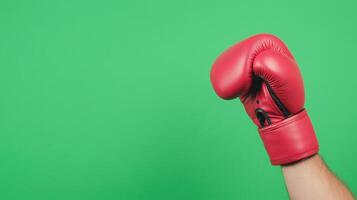 Punch With Boxing Gloved Hand Distinguished Against Vibrant Green Background, Captured From Left Angle, Showcasing Dynamic Movement, Fitness Theme, Ideal For Sports Advertising, Youthful Energy photo