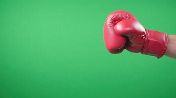 Red Boxing Glove Punching Against Green Background from Left View with Minimalist Design for Sports Concept photo