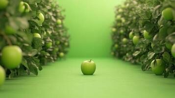 Vibrant Green Apple in Orchard with Lush Foliage and Green Screen Backdrop Reflecting Garden Workshop Scene photo