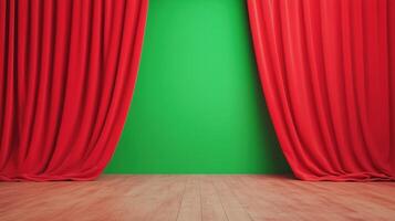 Red Curtains Opening to Reveal Green Screen for Theatrical Scene Background with Wood Floor Design photo