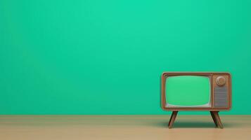 Retro TV Set with Green Screen and Static Effect Against Vibrant Green Background for Vintage-Themed Content Creation and Nostalgic Media Design in Stock Photography and Production photo