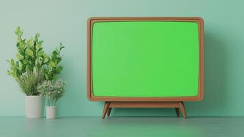 Retro TV with Green Screen in Vintage Living Room Setting, Featuring Mid-Century Design Elements and Indoor Plants, Perfect for Mockups and Retro-themed Projects in a Stylized Environment photo