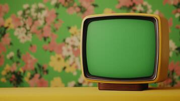 Vintage TV Set with Green Screen in Floral Living Room, Retro Interior Design, Media Concept, Nostalgic Decor, Vibrant Colors, Horizontal Composition, Home Entertainment Scene, Mid-century Style photo
