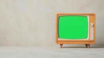 Vintage Retro TV with Green Screen on Table in Mid-Century Modern Interior Setting Featuring Calming Neutral Tones for Design Inspiration, Media Projects, and Creative Retro Concepts photo