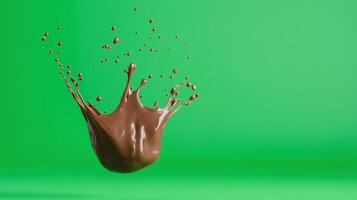Chocolate Splash Against Vibrant Green Background Creating Dynamic and Energetic Movement With Abstract Liquid Shapes Capturing Motion and Vivid Contrast in Eye Catching Visuals photo