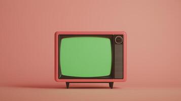 Retro Vintage TV with Green Screen Display on Pink Background for Nostalgic Media Concept Art and Technology Theme Design photo