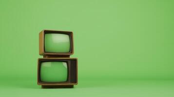 Stacked Vintage TVs With Green Screens On Minimalist Background Reflecting Retro Technology Trend And Nostalgic Style For Creative Design Concepts photo