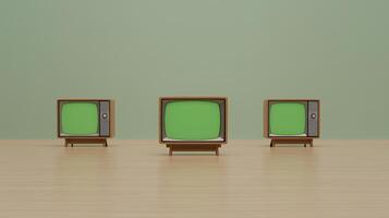 Vintage TVs with Green Screens in Minimalist Room Featuring Three Retro Televisions on Wooden Floor Background photo