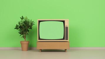 Vintage TV on Wooden Stand in Front of Green Background with Potted Plant for Retro Design and Nostalgic Vibe in Contemporary Space photo