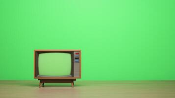 Vintage Television With Green Screen on Wooden Table in Studio Setting, Minimalist Retro Design, Perfect for Media Concepts and Technology-Themed Stock Photography photo