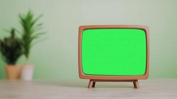 Retro TV With Green Screen and Plant in Minimalist Room, Perfect for Mockups and Design Presentations in a Modern Interior Setting photo