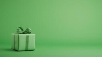 Green Gift Box on Green Background with Glitter Ribbon Symbolizing Holiday Celebration and Festivity for Christmas or Special Occasion with Copy Space for Design and Marketing Concepts photo