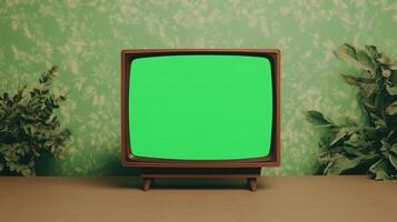 Retro Vintage Television with Green Screen in Classic 1970s Style Surrounded by Leafy Foliage Background on Wooden Surface Ideal for Nostalgic Media Projects and Creative Design Concepts photo