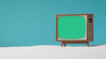 Vintage Television with Glowing Green Screen on Snowy Surface Against Blue Sky Background for Retro Concepts and Creative Designs photo