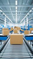 Cardboard box on conveyor belt in high-tech warehouse, illustrating streamlined logistics process. Vertical Mobile Wallpaper photo
