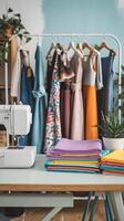 Cozy sewing workspace with machine, colorful fabrics, and rack of dresses in background. Vertical Mobile Wallpaper photo